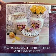 Vintage Jay Import Porcelain Keepsake Trinket Box And 2 Vases Roses Decorative