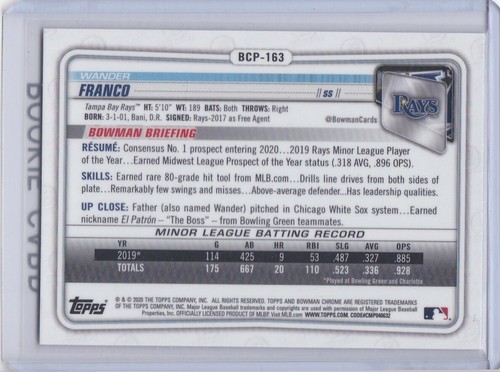 WANDER FRANCO ROOKIE CARD Bowman CHROME PROSPECTS RC Baseball TAMPA BAY RAYS! - Bild 2 von 2