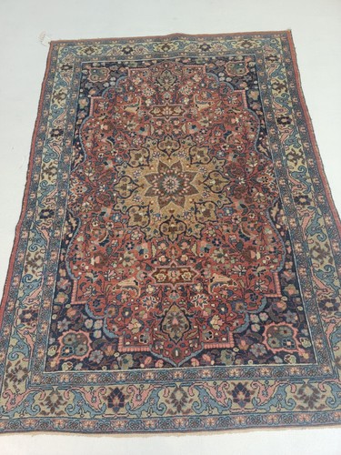 Antique Oriental Hand-Knotted Wool Area Rug Terracotta/Light Blue 4'3" x 6'1"