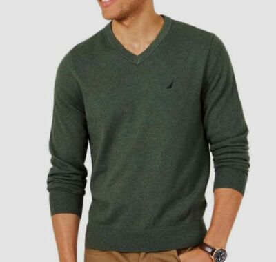 $110 Nautica Men's Navtech Pullover Logo Sweater V-Neck Green Size L  *REPAIRED*