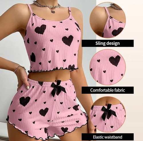 Women Pajama Set Heart Print Cami Tank Top And Shorts Set Homewear Nightwear - Picture 3 of 10