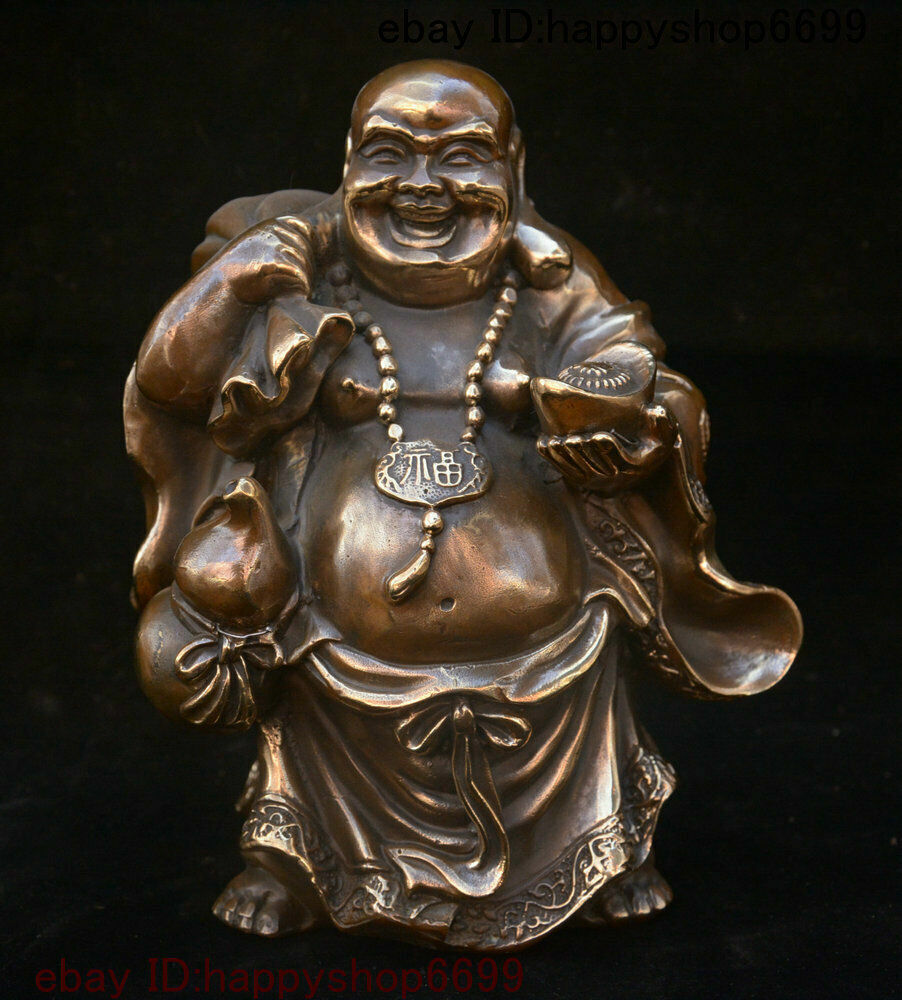 Antigua China Budismo Bronce Risa Feliz Maitreya Buda Yuan Bao Calabaza Bolsa Estatua