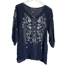 Johnny Was Embroidered Floral V-Neck Button Top Ruched Billowy Sleeve Boho Sz S
