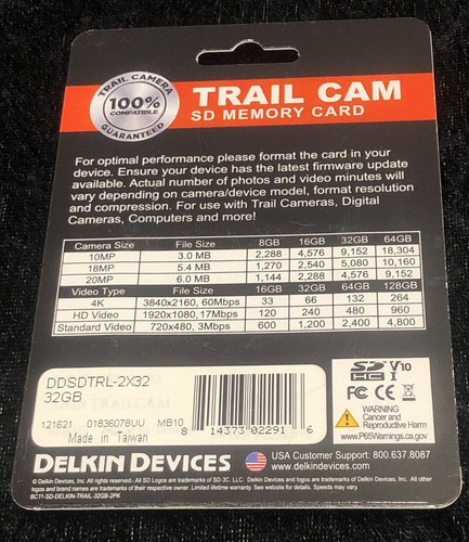 New Delkin Devices Trail Cam UHS-I SD Memory Cards 32GB 1080p Video 2 Pack - Picture 3 of 3