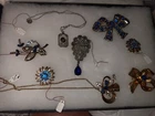 Lot of  8 Vintage ROYAL BLUE BROOCH  Pins GOLD TONE Necklaces Costume Jewelry