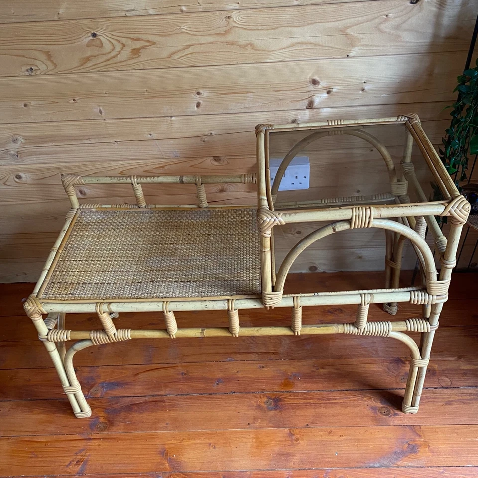 Vintage mid century bamboo wicker rattan telephone seat Table glass shelves boho - Image 3 of 4