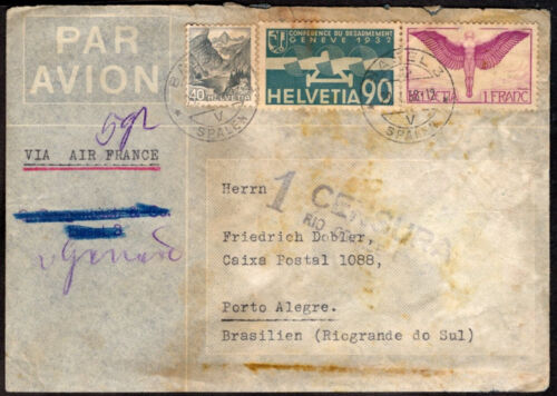 2229 SWITZERLAND TO BRAZIL CENSORED AIR COVER 1938 BRAZILIAN CENSOR AIR FRANCE - Picture 1 of 2