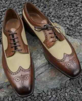 Men's Handmade Spectator Leather Dress Shoes Two Tone Wingtip Derby Formal Shoe