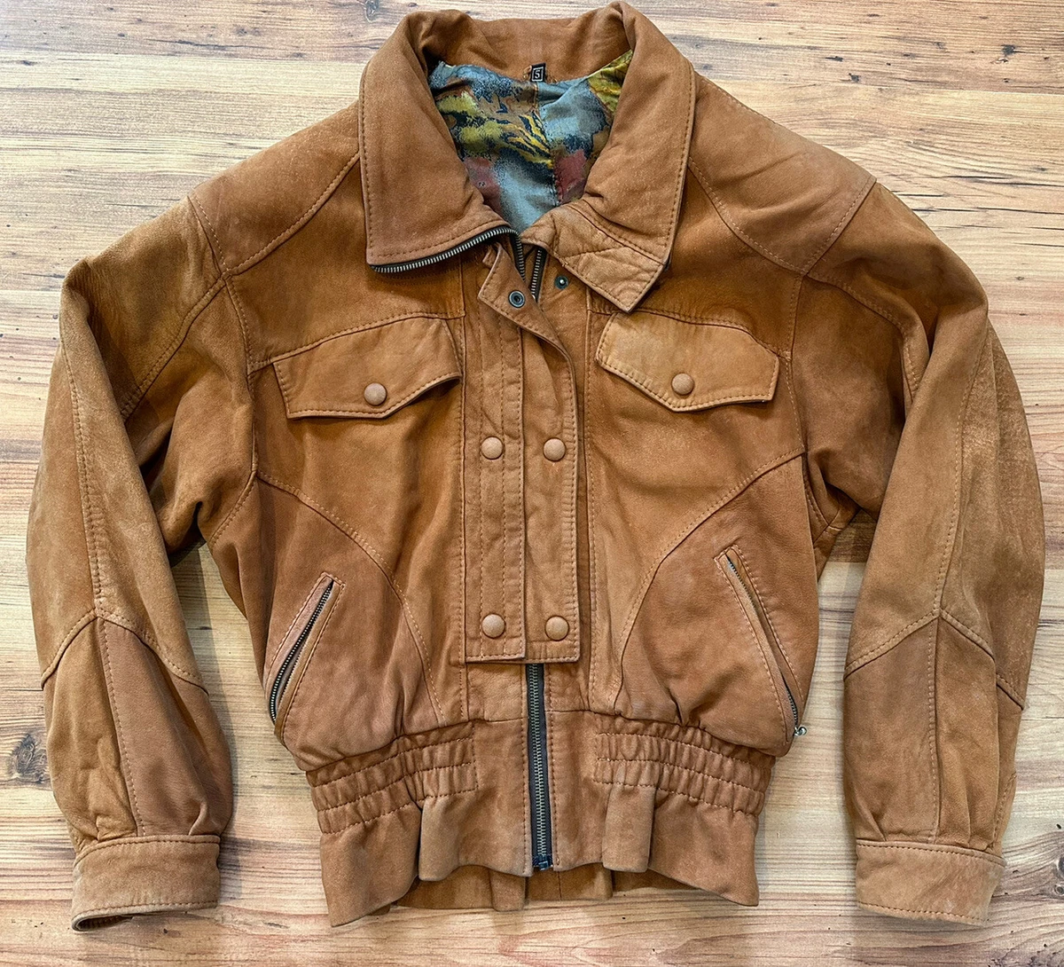 Vintage Women s Brown Suede Leather Jacket Sz S 80s 90s Shoulder pads