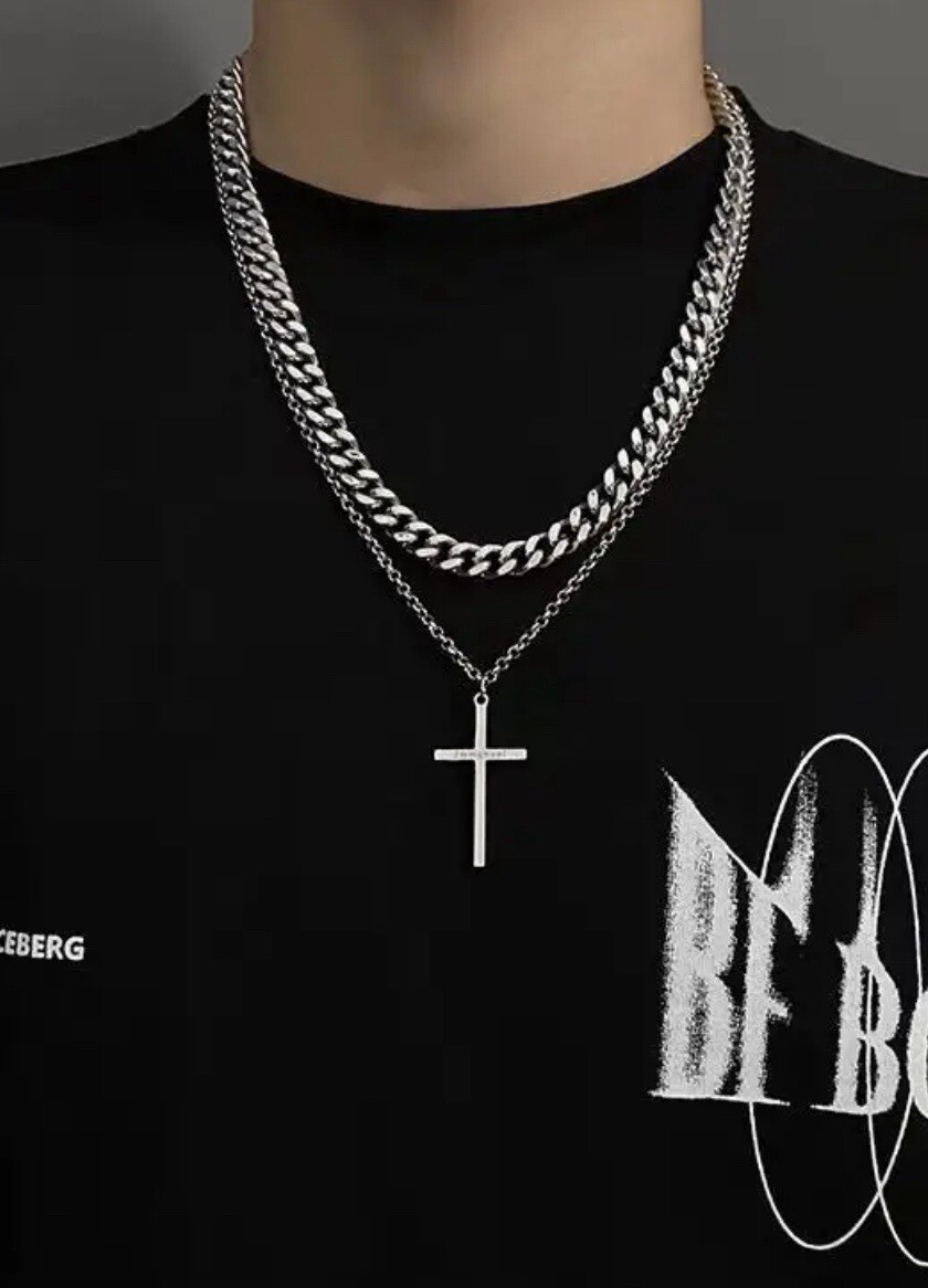 Men Double Layer Cross Pendant Necklace Stainless Steel Hip Hop