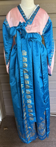 Vintage Korean Traditional Dress Silk Hanbok Pink &Blue w/Petticoat Size S/M