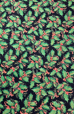 BERRIES HOLLY LEAVES ON BLACK COTTON - 1 1/4 YARDS