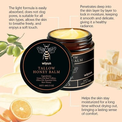 Organic Grass-Fed Beef Tallow Balm with Raw Honey - Unscented Skin Moisturizer