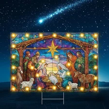 16 x 24 Inch Lighted Glass Nativity Sign Jesus is The Reason for The Season S...