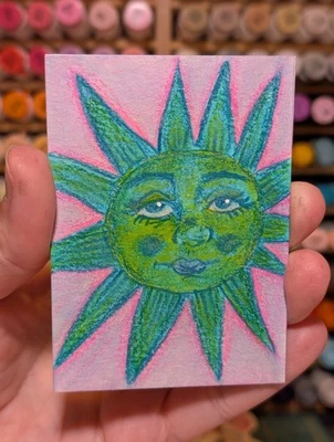 ACEO Original Art Card 2.5 x 3.5" celestial SLEEPY SUN signed by Kata Law - Bild 1 von 2