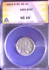 1921-S BUFFALO NICKEL 5C, ANACS  VG10