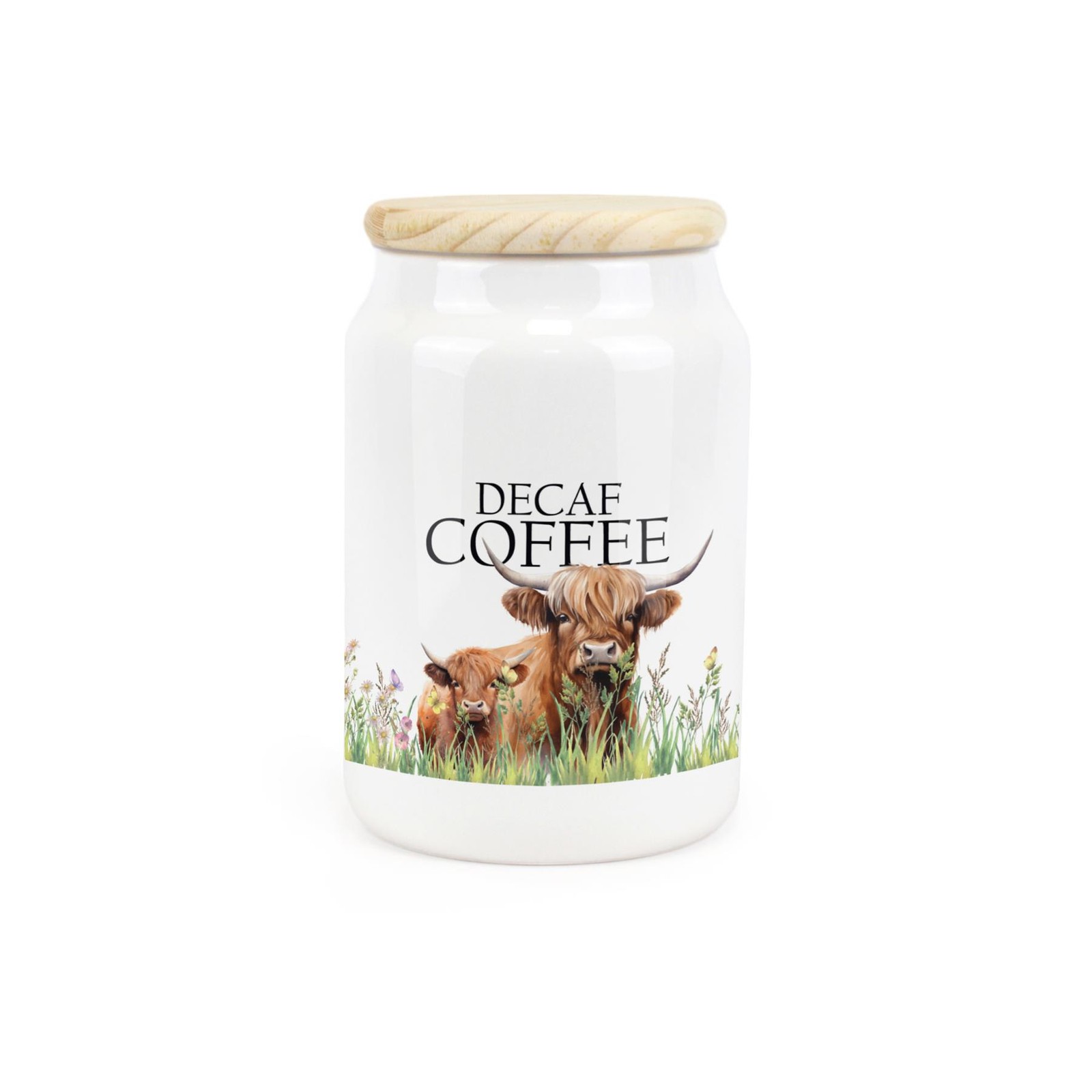 Ceramic Tapered Highland Cow & Calf Canister - Decaf Coffee Storage Container