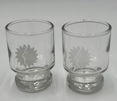 Vintage National Airlines First Class Cordial Glasses Set 2 Etched Sun Face Logo
