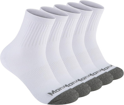 Mens 100% Cotton Cushioned Ankel Socks, Athletic One Size, 5 Pairs White 