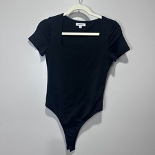 Mittoshop Square Neck Short Sleeve Thong Bodysuit in Black, Sz S