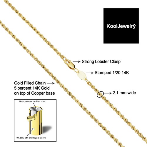 Solid 14k Yellow Gold Filled Rope Chain Necklace (2.1 mm, 16 inch) - Picture 3 of 9