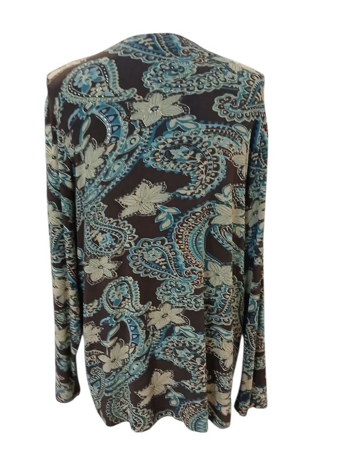 Mirasol Green Paisley Brown Layered Drape Stretch Long Sleeve Plus Blouse Mature - Image 4 of 4