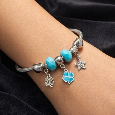 D'Bello Silver Snake Chain Charm Bracelet with Blue Beads & Dangle Charms