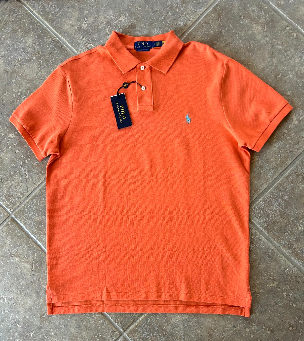 Polo Ralph Lauren Custom Slim Fit Mesh Polo Shirt L Orange w/Blue 
