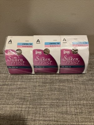 3 L'eggs Silken Mist Control Top No-Roll Silky Sheer Leg Tights Nude Size A