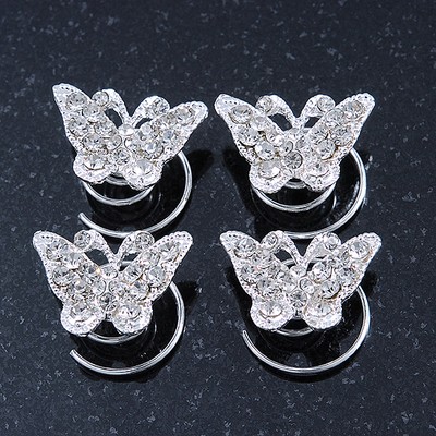 Braut/Hochzeit/Abschlussball/Party 4er Set rhodiniert Kristall ''Schmetterling'' Spirale