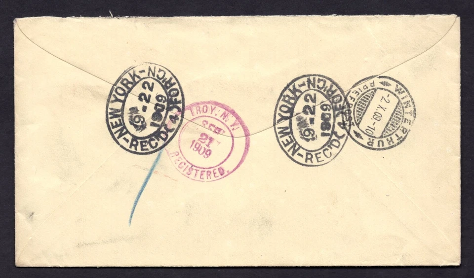US 1909 REGISTERED N.Y. EXCHANGE LABEL TRANSATLANTIC COVER TO WINTERTHUR - Image 2 of 2