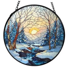 Winter Scene Christmas Suncatchers Stained Glass Window Hanging, Rustic Winter