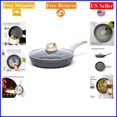 12-Inch Nonstick Granite Frying Pan with Glass Lid, Black, PFOA Free