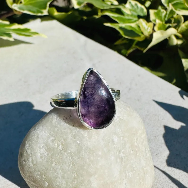 Solid 925 Sterling Silver Natural Purple Blue John Teardrop Stone Handmade Ring View 2