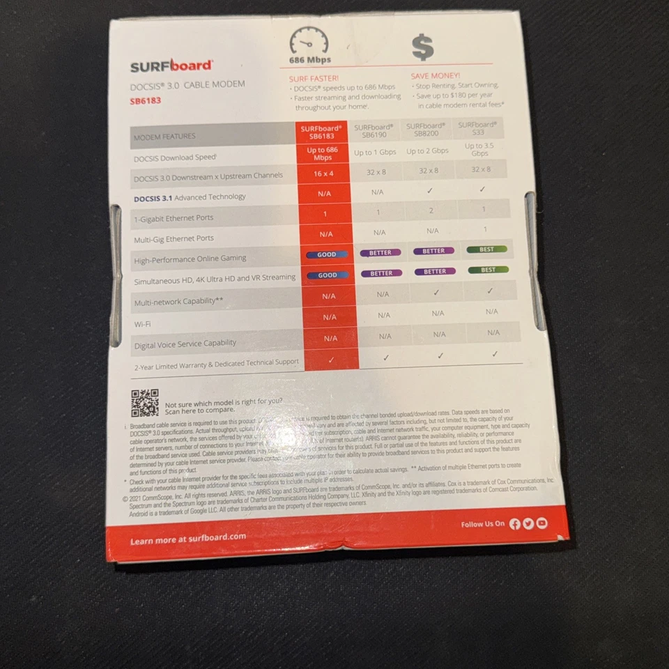 Arris SURFboard SB6183 Cable Modem 686 Mbps DOCSIS 3.0 Sealed NEW. - Image 3 of 4