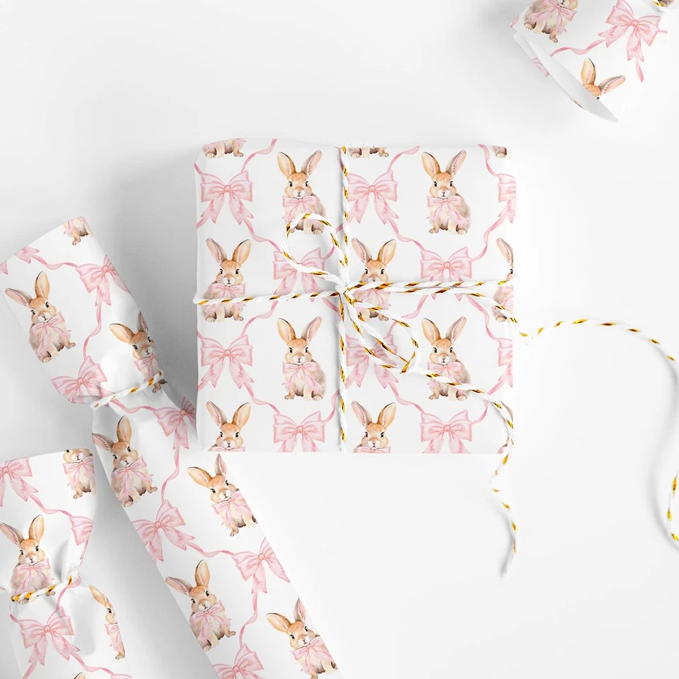 6 Hojas 1er Papel de Envolver Cumpleaños - No Rollo - Lindo Conejito Rosa Arco Pascua Gif Foto 4 de 4