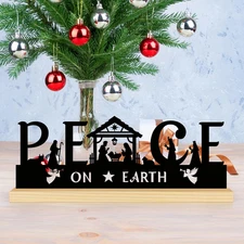 NEW Metal Nativity Set Black Wood Base Table Shelf Decor Peace on Earth Holiday