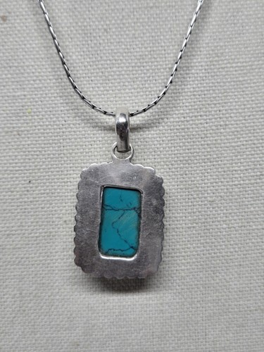VTG 90’s 925 Sterling Silver Turquoise Pendant 20" Cardano Chain Necklace - Picture 4 of 7