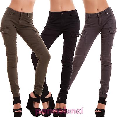 Jeans donna pantaloni cargo tasconi skinny aderenti elasticizzati nuovi  EY02 | eBay