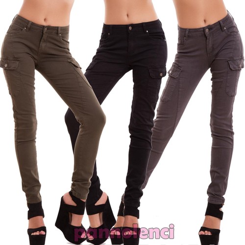 Jeans donna pantaloni cargo tasconi skinny aderenti elasticizzati nuovi  EY02 | eBay