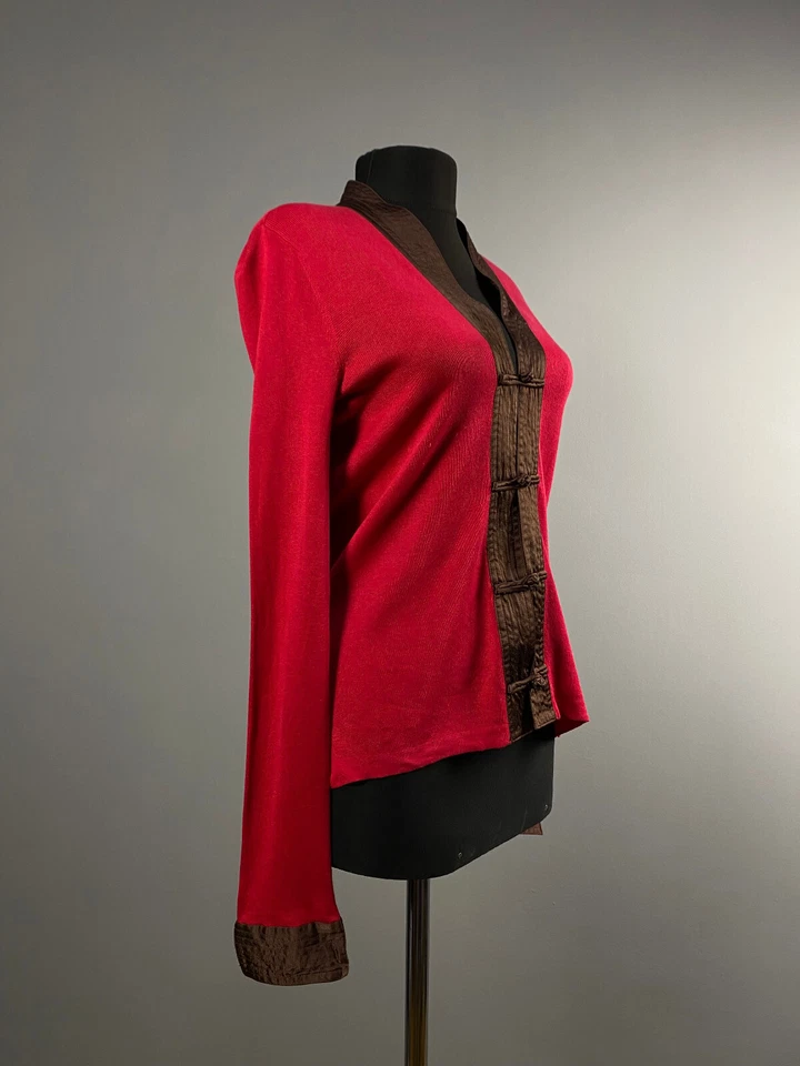 Cárdigan Suéter Jersey Shanghai Tang Mujeres Rojo Marrón Seda Algodón Cierre Rana S Foto 2 de 4