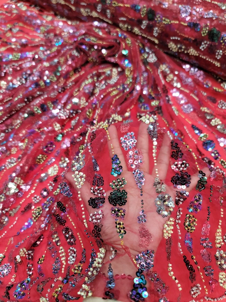 Fabric Sold By The Yard Red Beaded Lace Sequin Floral Embroidery Mesh For Dress - Image 3 of 4