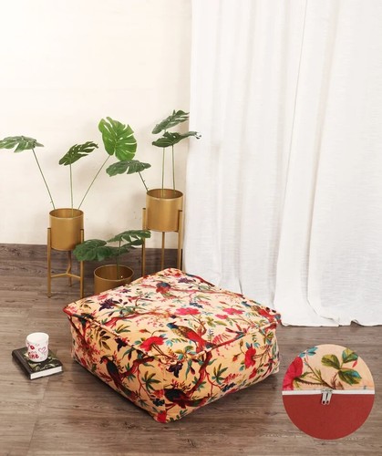 Beige Bird Printed Velvet Square Ottoman Cover Throw Big Size Ottoman Cover - Picture 2 of 5