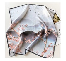 100 Mulberry Silk 27'' Scarf Women Vintage Gray Flowers Kerchief Square Bandana