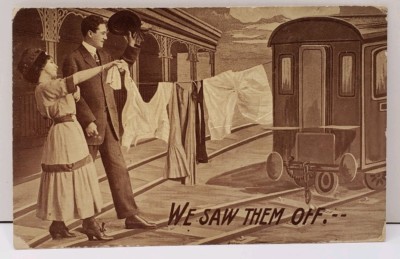 Victorians We Saw Them Off Airing the Laundry Train Car Postcard D15