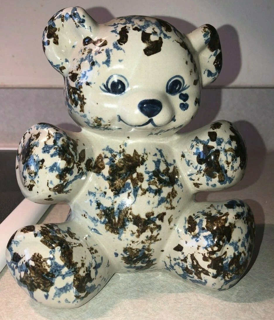 RARE Vintage Blue Brown Sponge Stoneware Pottery Teddy Bear Piggy