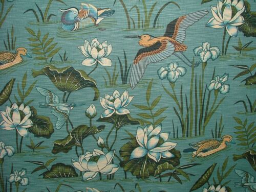 Japanese Water Lily And Birds Blue Linen Blend Curtain Upholstery Cushion  Fabric | eBay