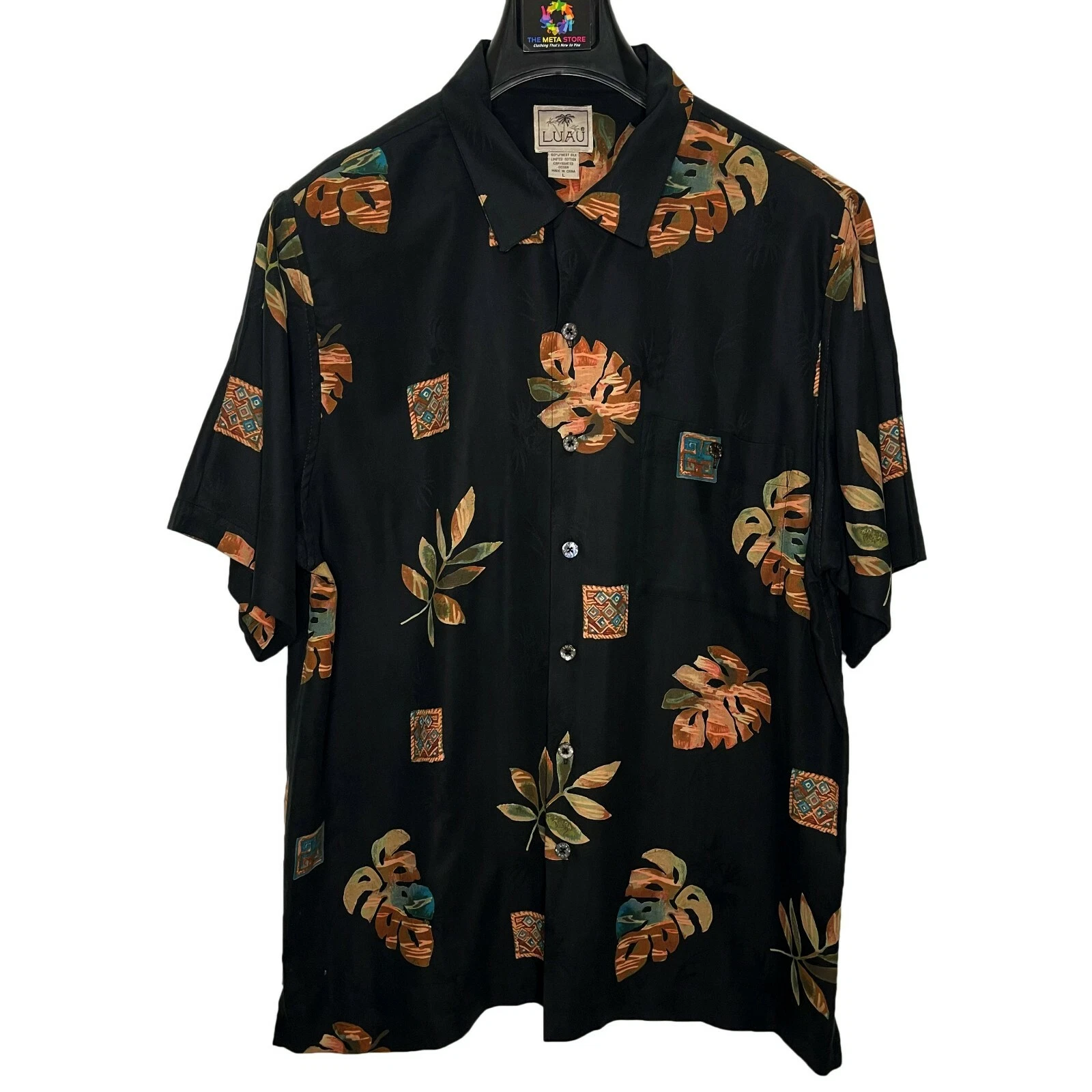 Luau LIMITED EDITION Hawaiian Shirt Sz Large 100% Finest Silk, Button Up, Black