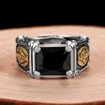 Bague Homme Argent 925 - Pierre Noire Et Dorée - Modèle Vierge Marie Réglable - Style Gothique élégant