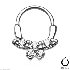 Septum Nose Captive Clicker Bow w/5 Clear Gems 16 Gauge 5/16" Steel 